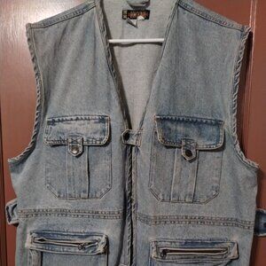 Vintage ORIGINAL DAKOTA BLUE Denim Vest Mens Utility Cargo Pockets Cotton-LARGE
